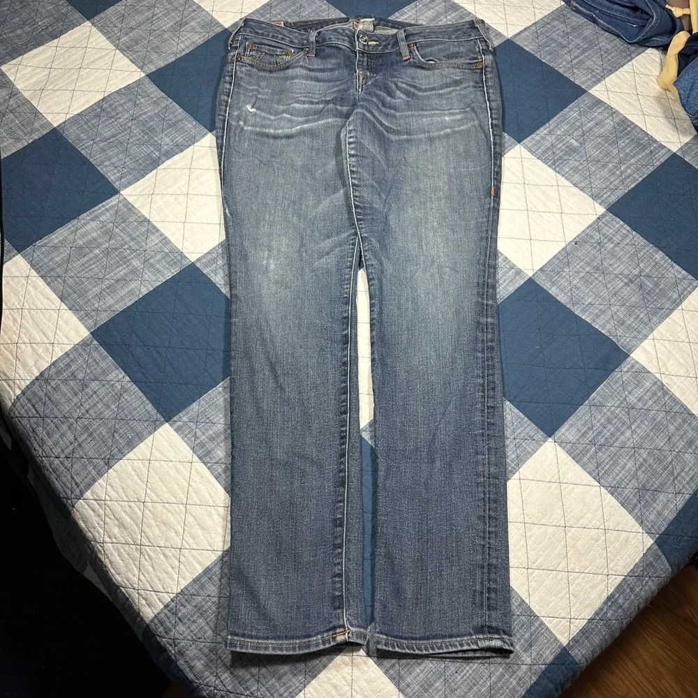 True Religion Brand Jeans Mens 32 Straight Leg Blue Denim Made in USA Low Rise